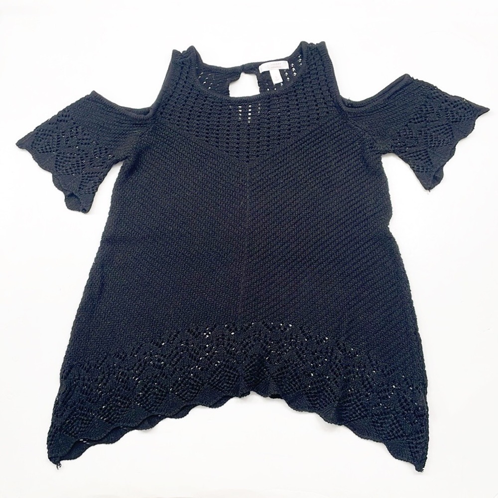 LC Lauren Conrad black pointelle cold shoulder knit sweater top